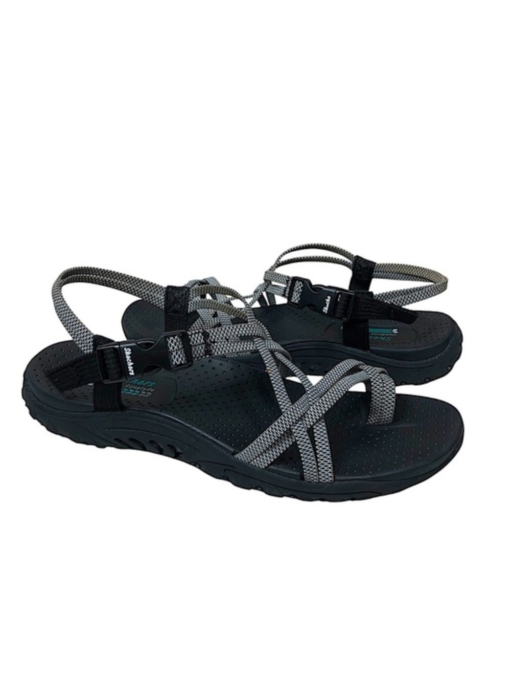 Skechers Women Reggae Irie Mon Black White Adjustable Straps Buckle Sandals 8.5